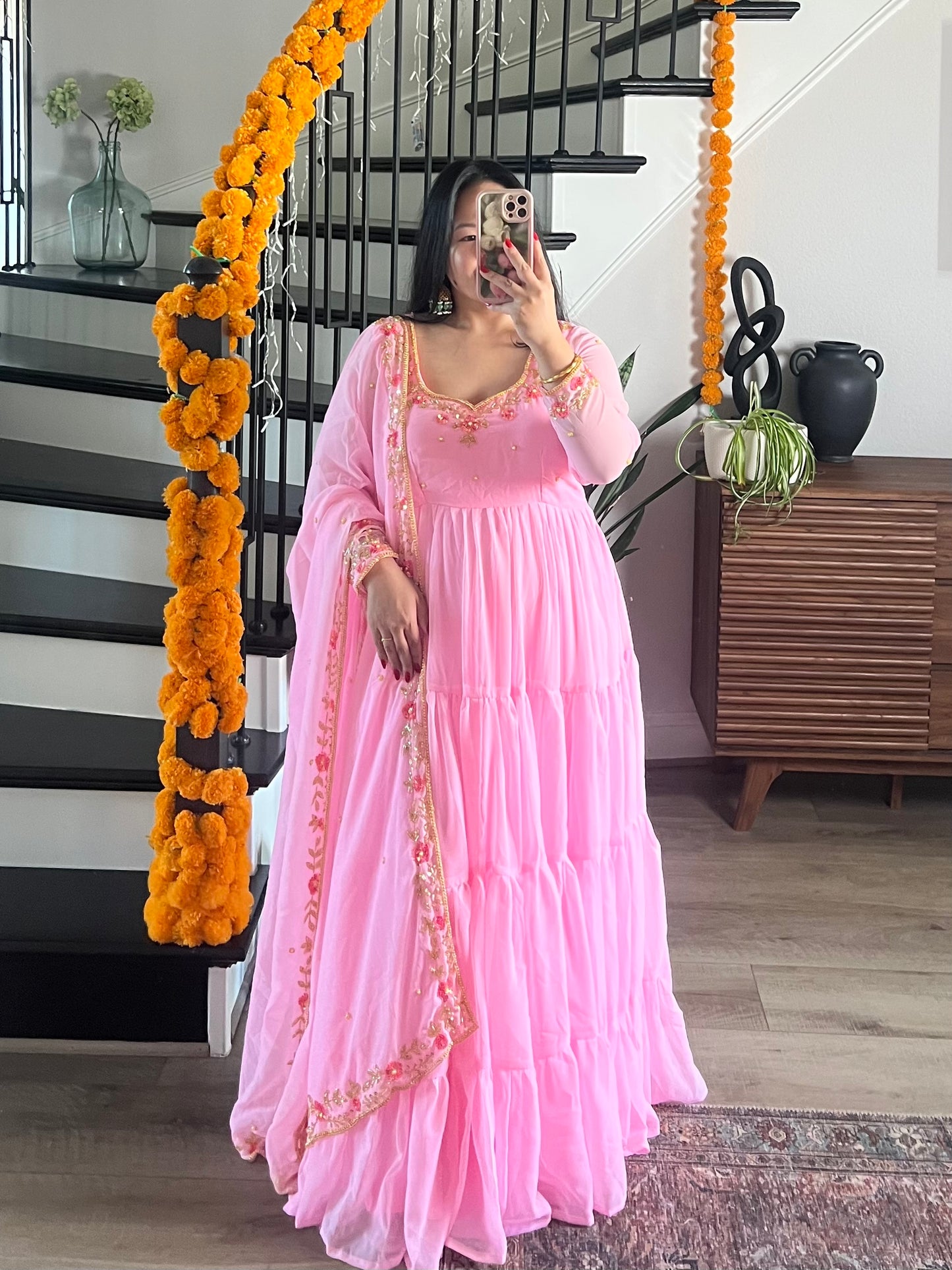 Handwork 4 step gown/anarkali in pink