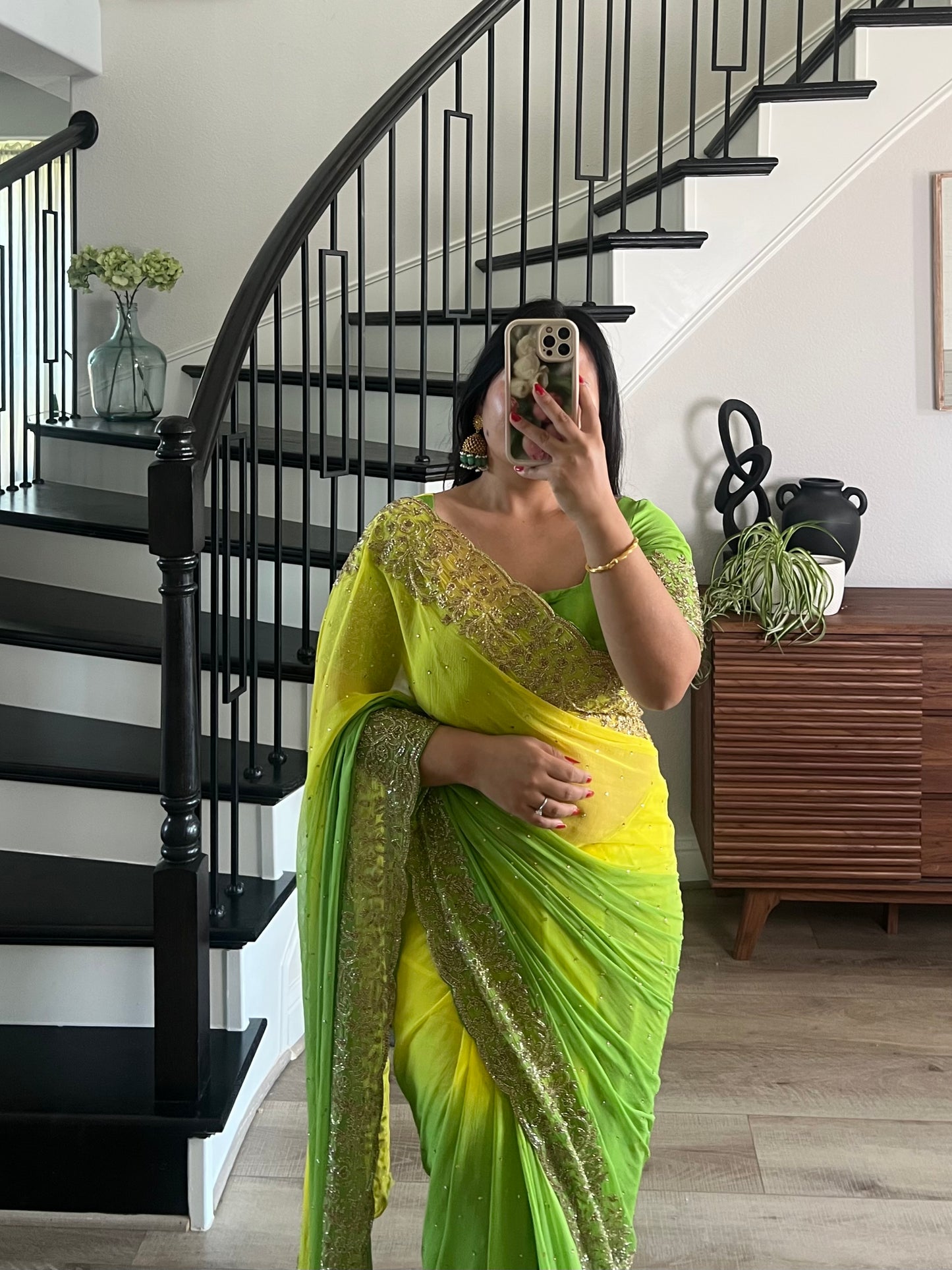 Yellow green handwork saree