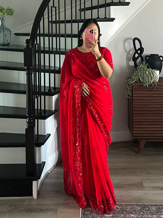 Designer Red Saree and Blouse with heavy water sequin work