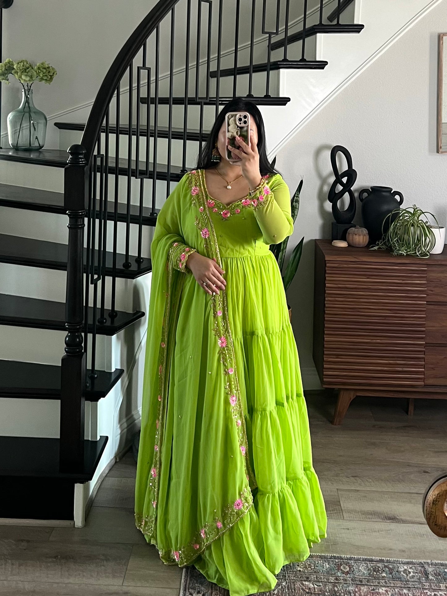 Handwork 4 step gown/anarkali in parrot green