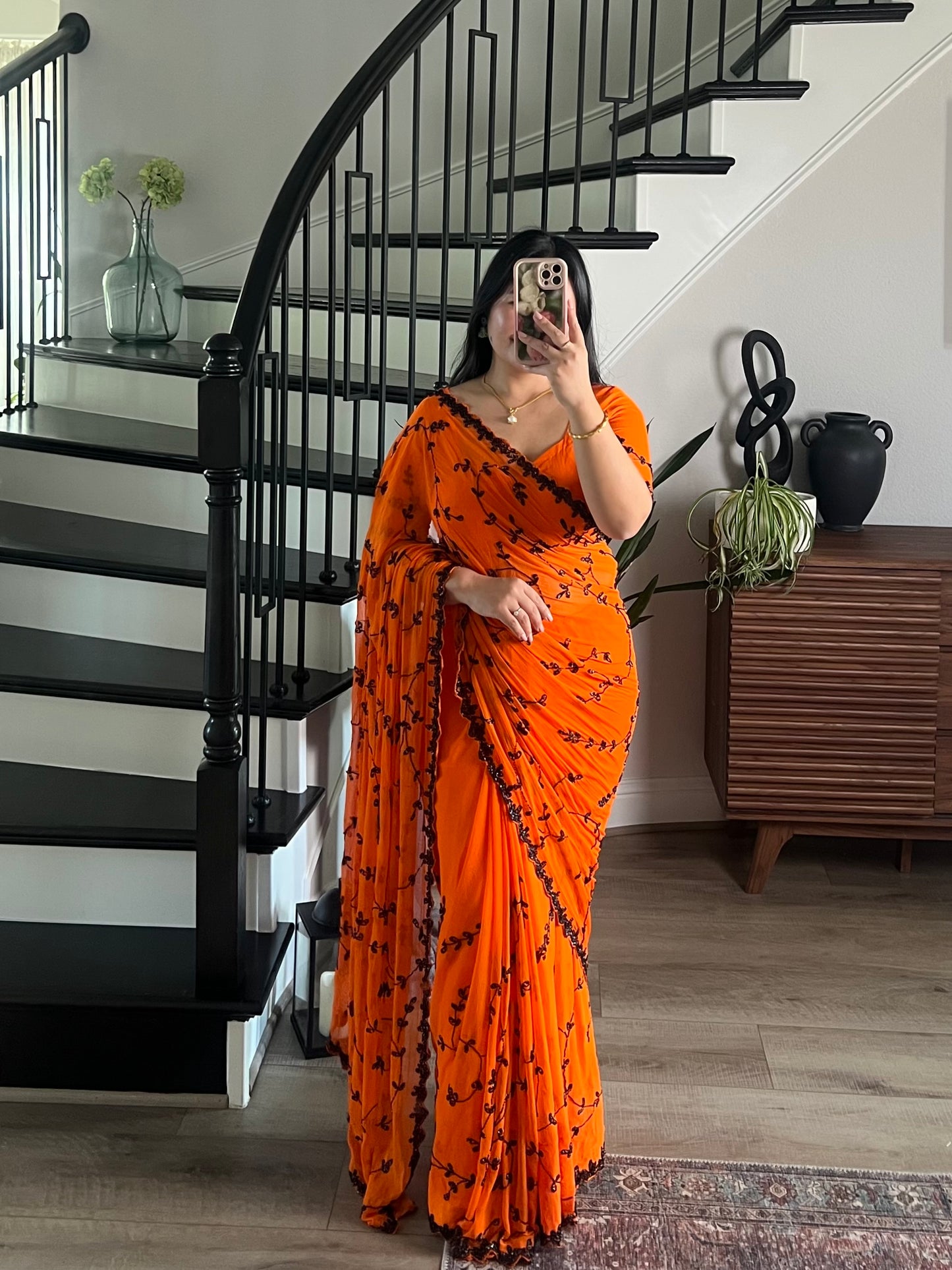 Chiffon sari with black potey handwork