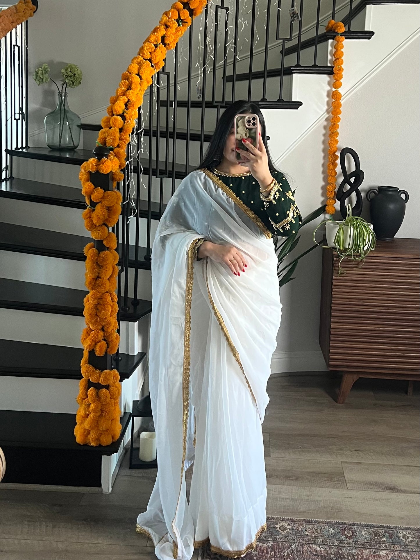 Boutique work white sari with green blouse