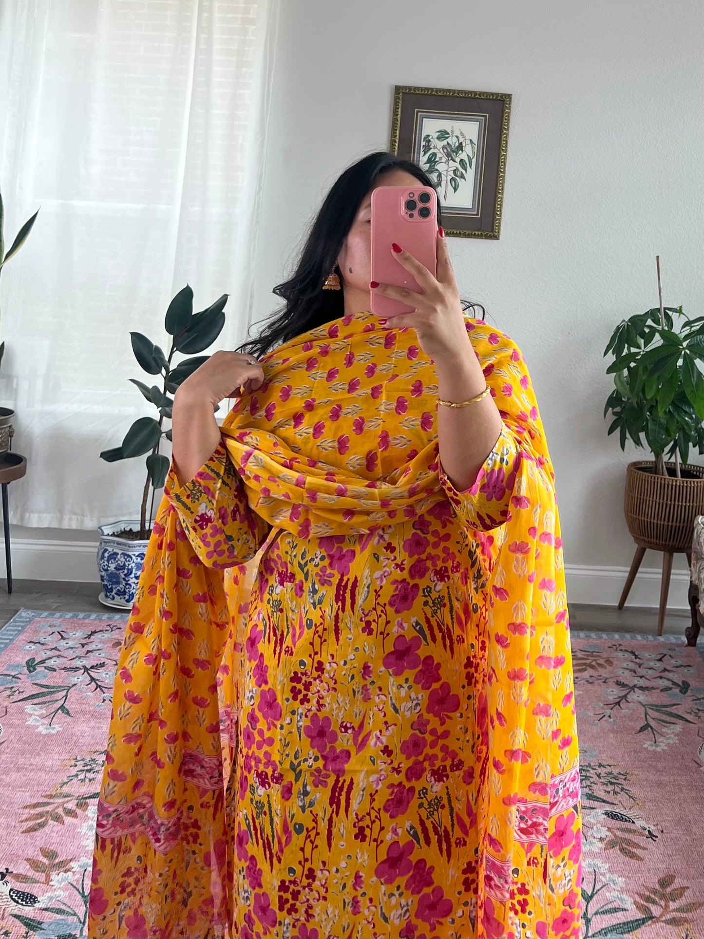 Vibrant yellow floral kurtha set