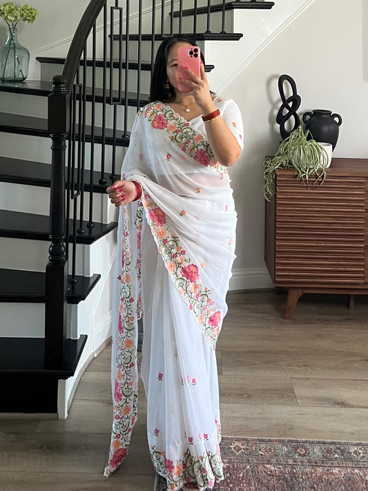White Georgette Saree with Pink Floral Embroidery