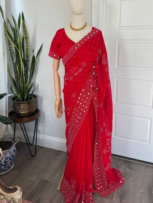 Heavy Swiroski work Red Saree and Blouse