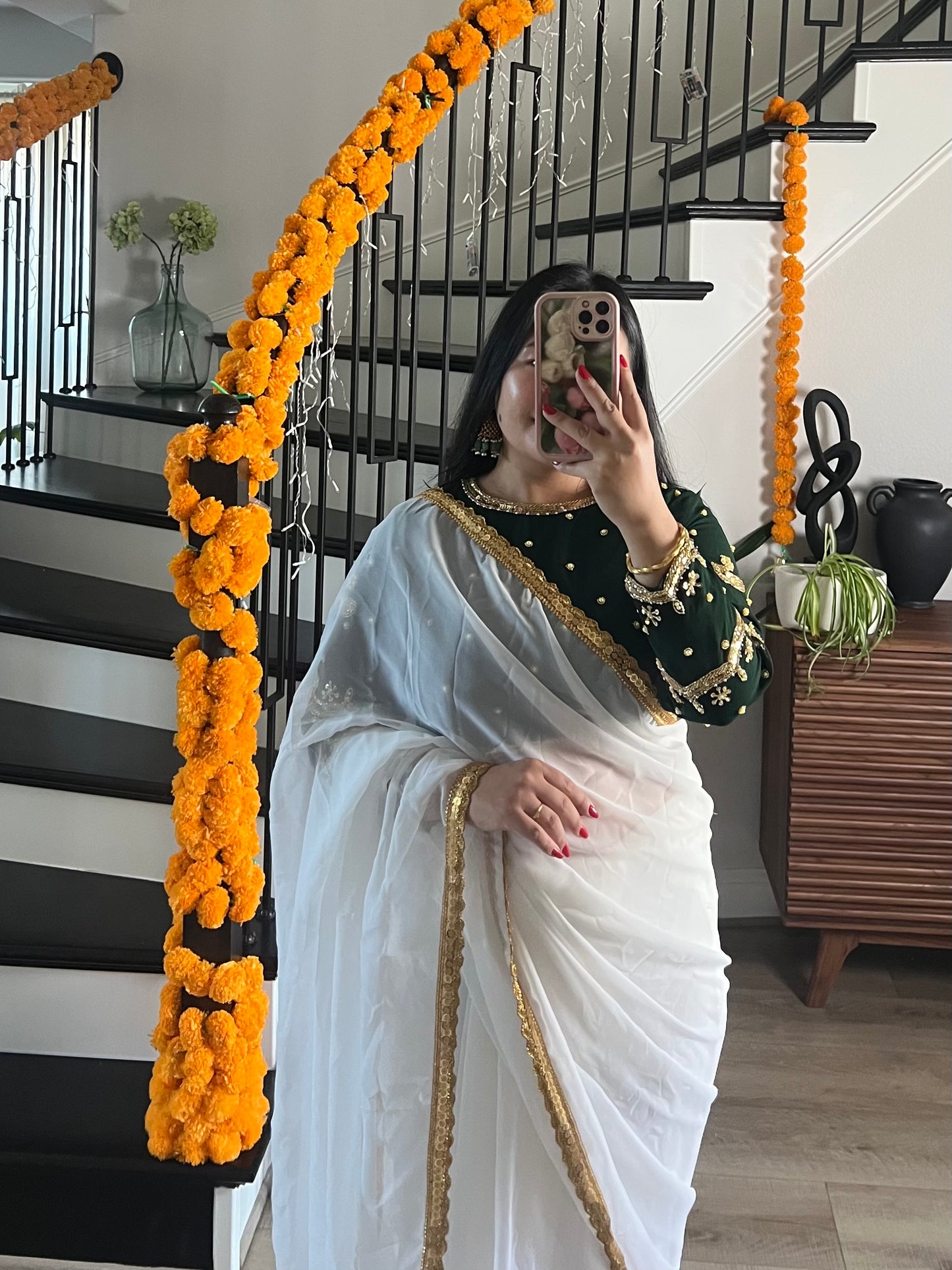 Boutique work white sari with green blouse