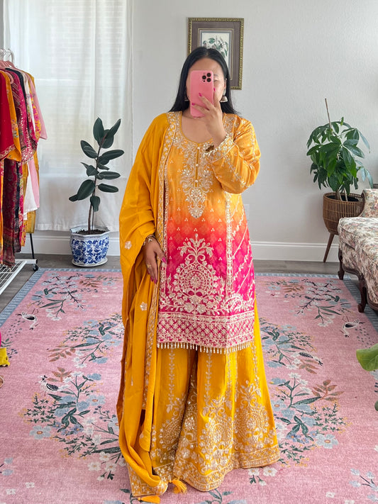 Heavy Chinon Kurtha set with embroidery work