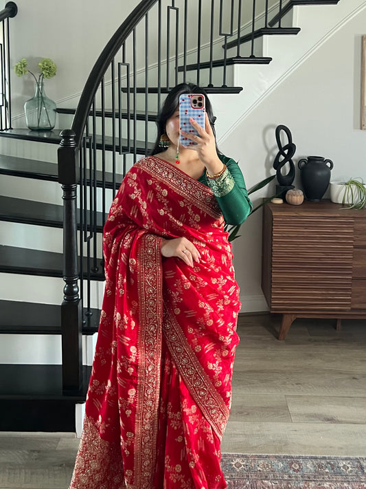 Red saree with green blouse