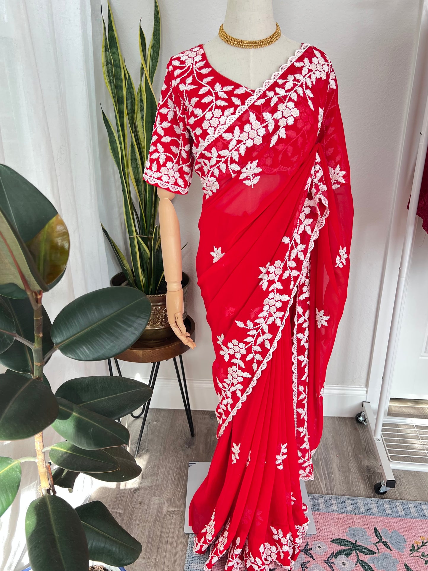 Designer Georgette Saree and Blouse with Intricate White Embroidery