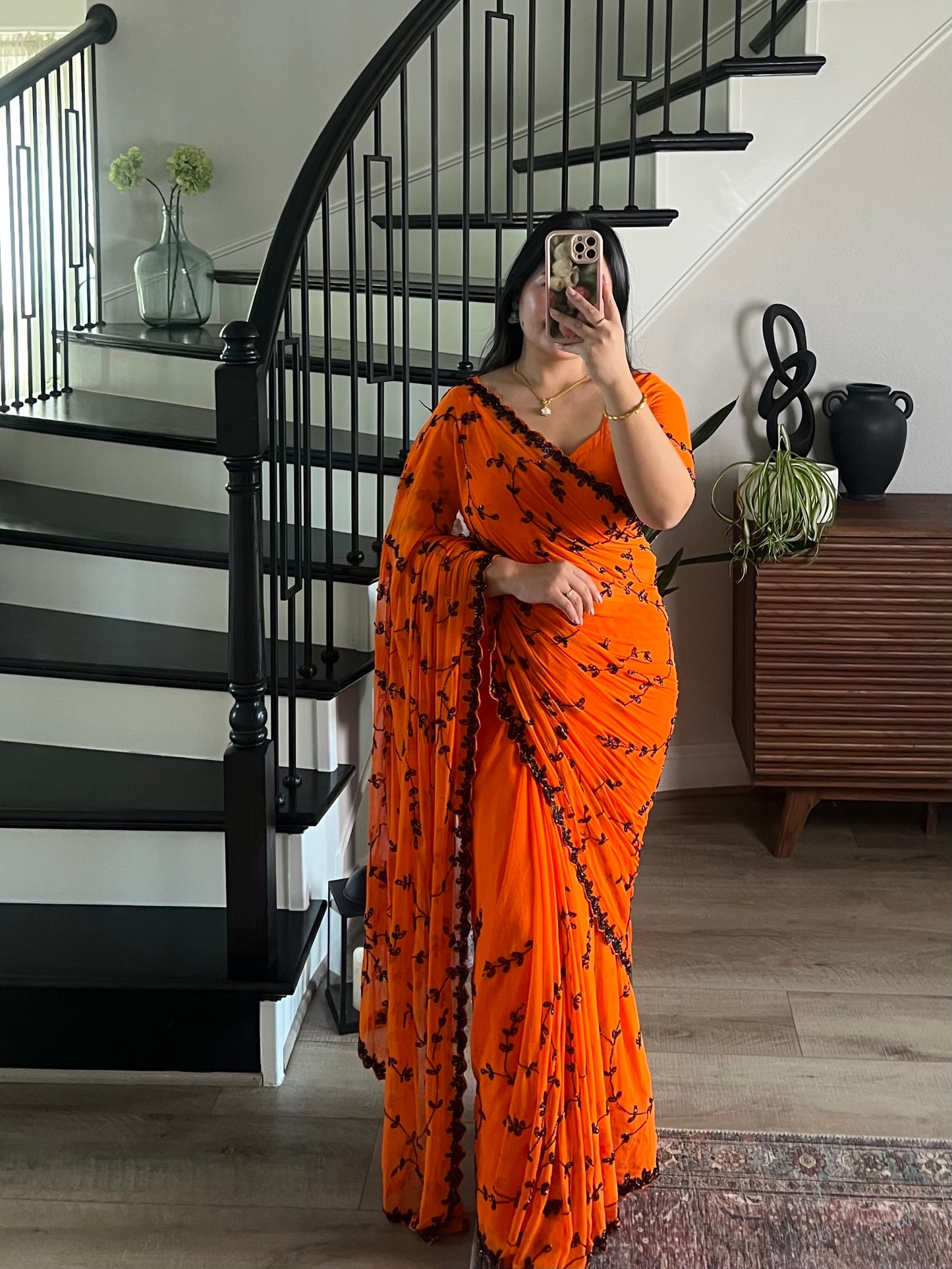 Chiffon sari with black potey handwork