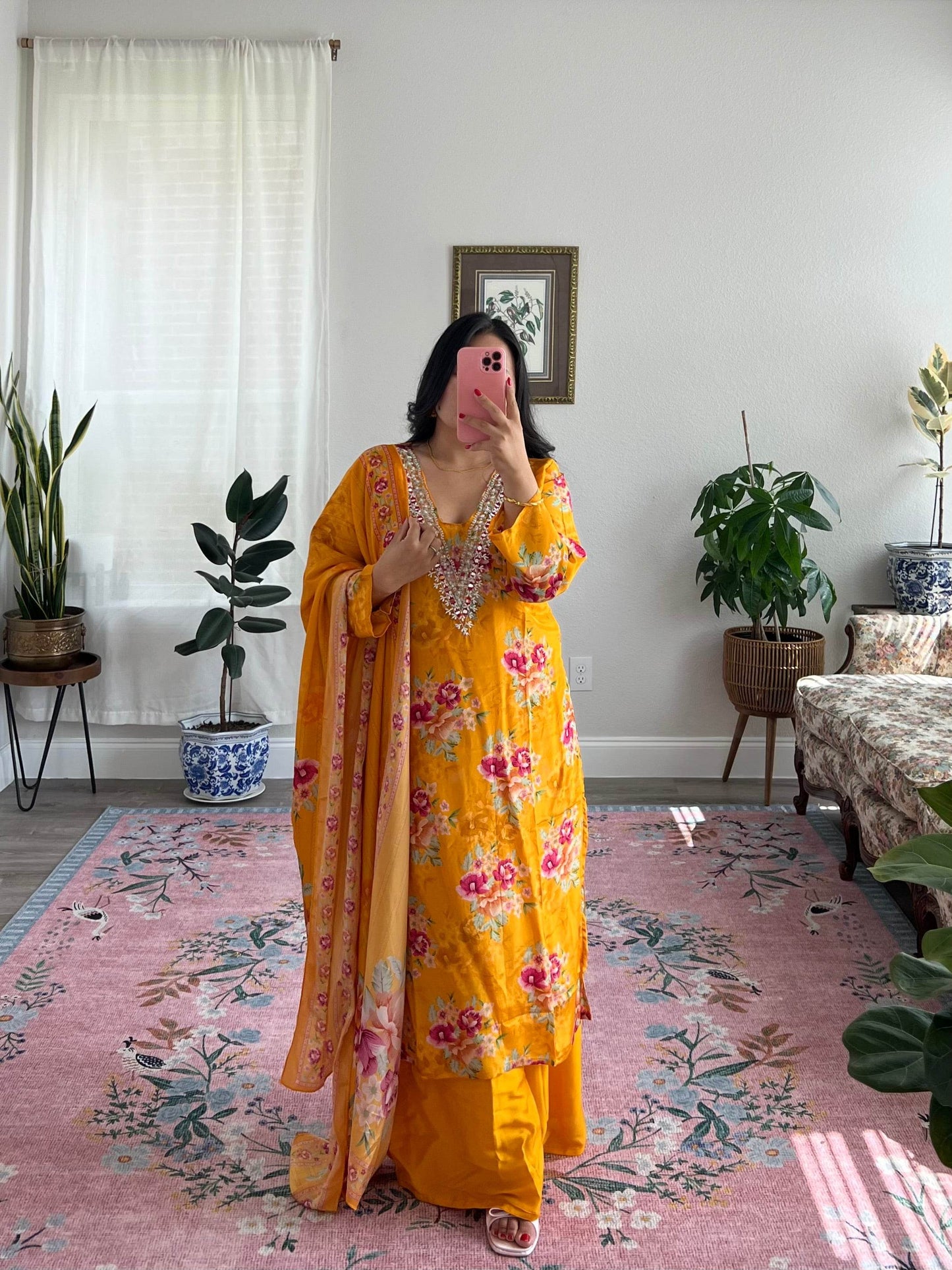 Floral Silk Kurtha Set with Embellished Neckline - Bungma Wares