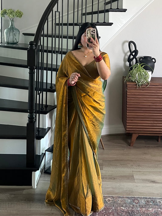 Fendy silk saree in green/golden