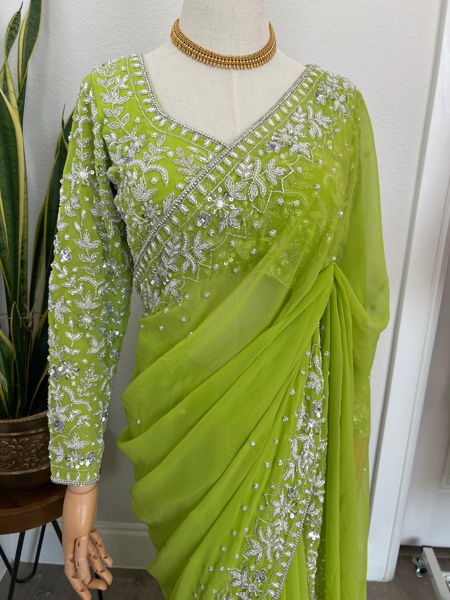Parrot green boutique saree set