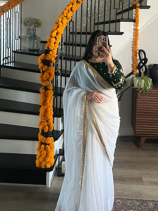 Boutique work white sari with green blouse