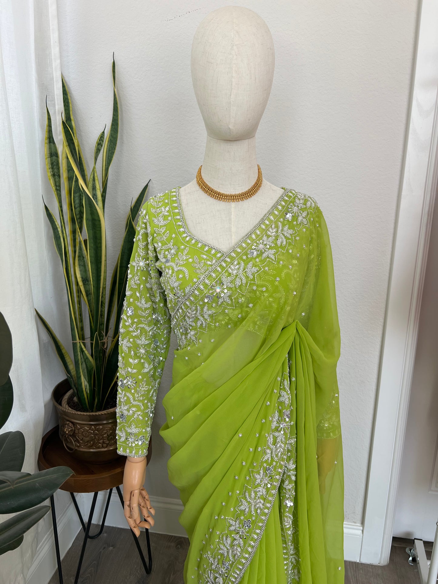 Parrot green boutique saree set