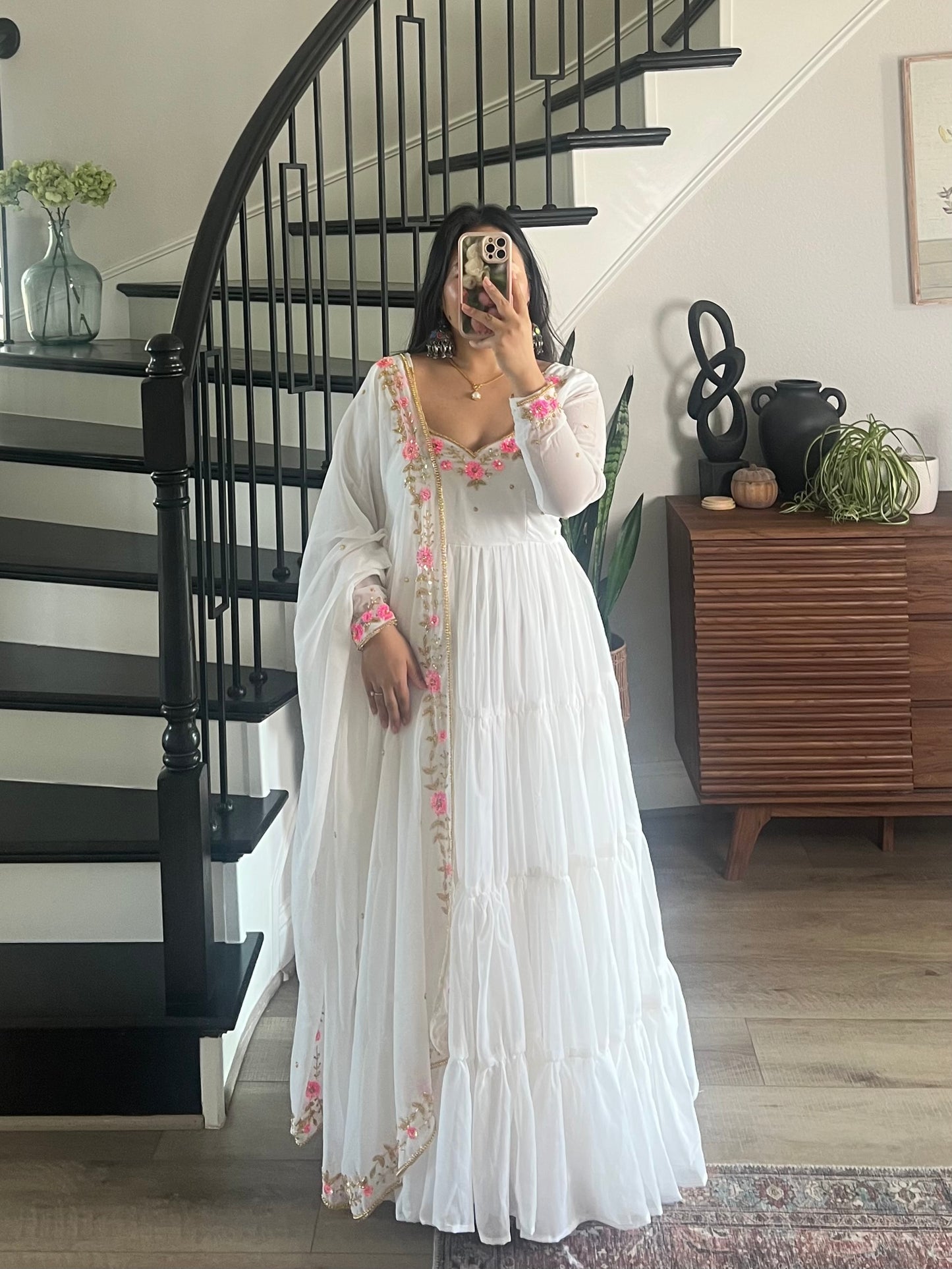 Handwork 4 step gown/anarkali in white
