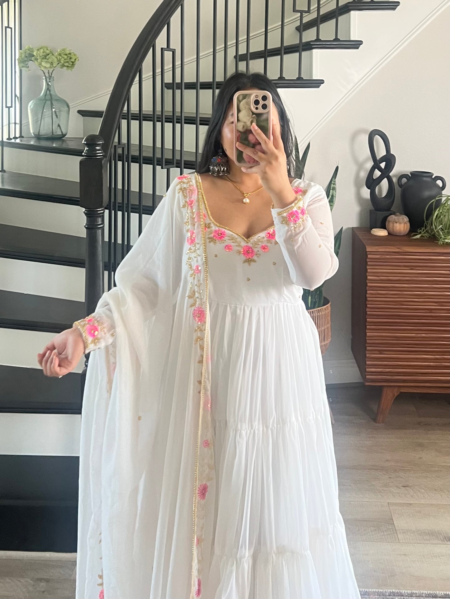 Handwork 4 step gown/anarkali in white