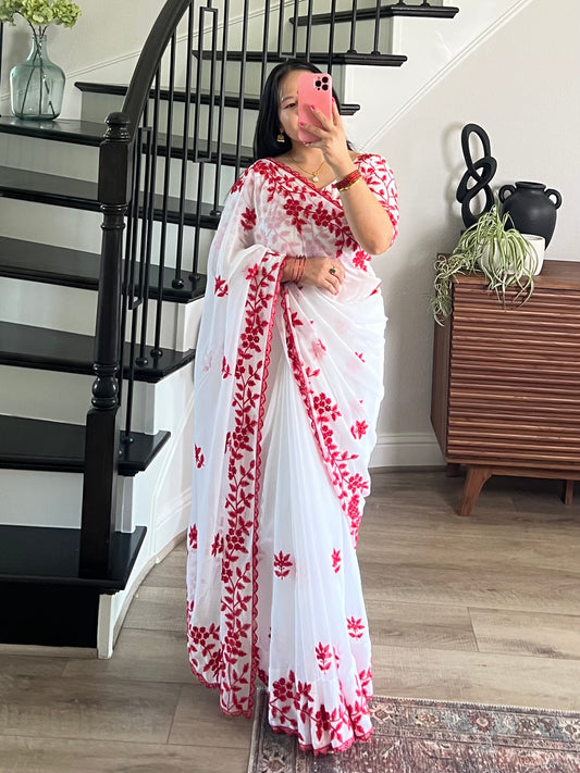 White and red Georgette Saree and Blouse with Intricate White Embroidery