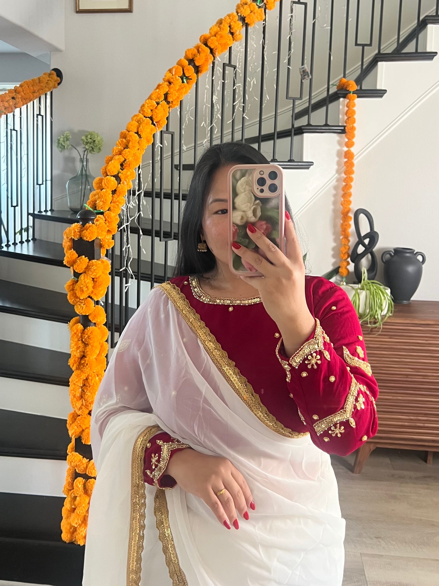 Boutique work white sari with rani pink blouse