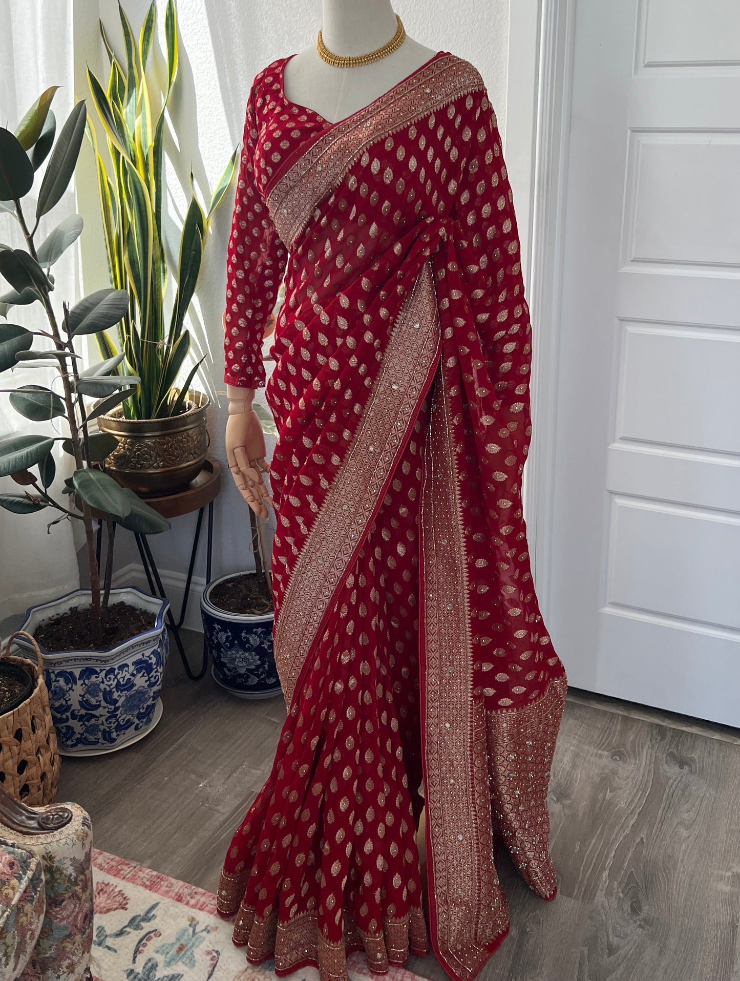 Red georgette khaddi saree
