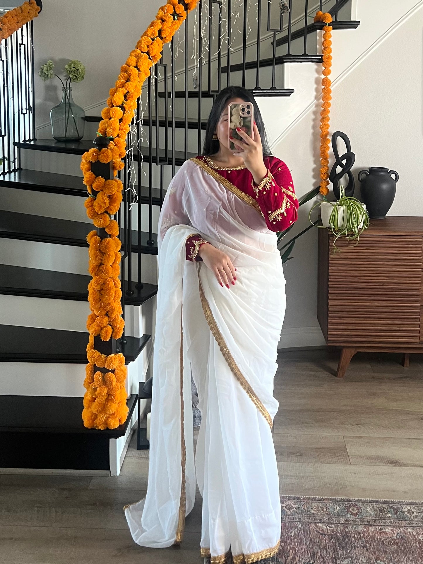 Boutique work white sari with rani pink blouse