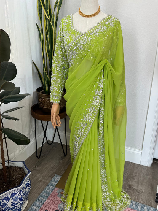 Parrot green boutique saree set