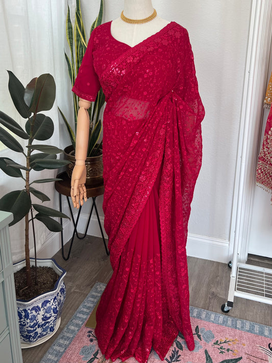 Rani pink Saree and Blouse with threadwork