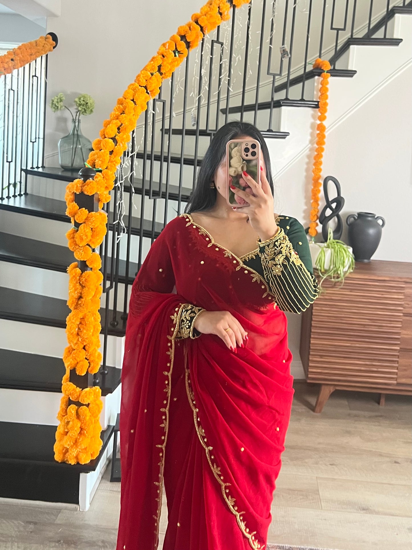 Boutique work red saree with green blouse