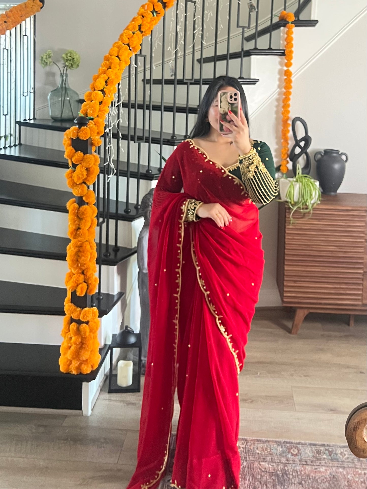 Boutique work red saree with green blouse