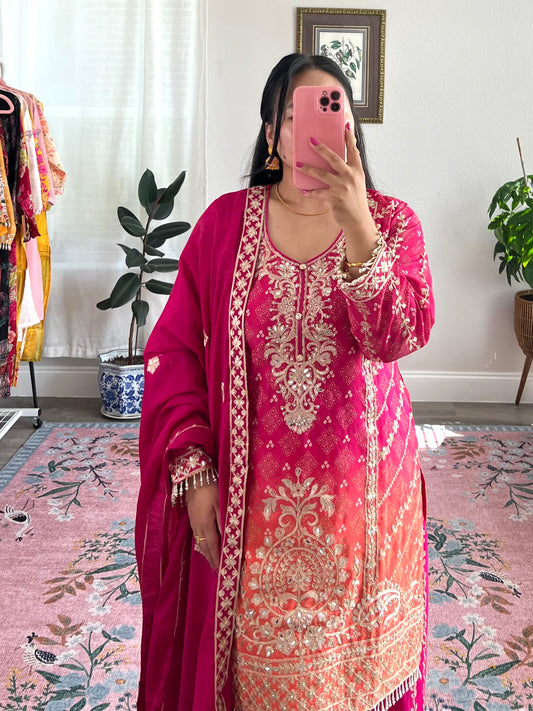 Heavy Chinon Kurtha set with embroidery work