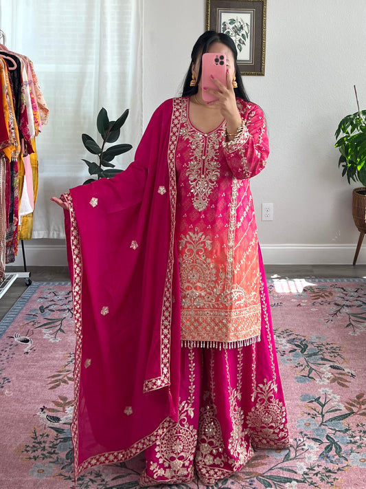 Heavy Chinon Kurtha set with embroidery work