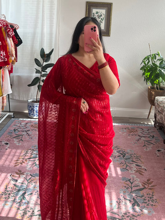 Designer Red Saree and Blouse with threadwork and stone