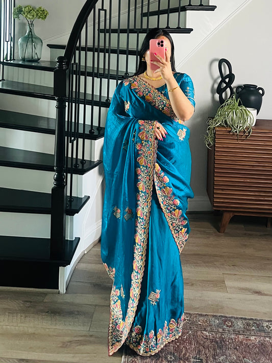 Teal Silk Saree and Blouse with threadwork flowers