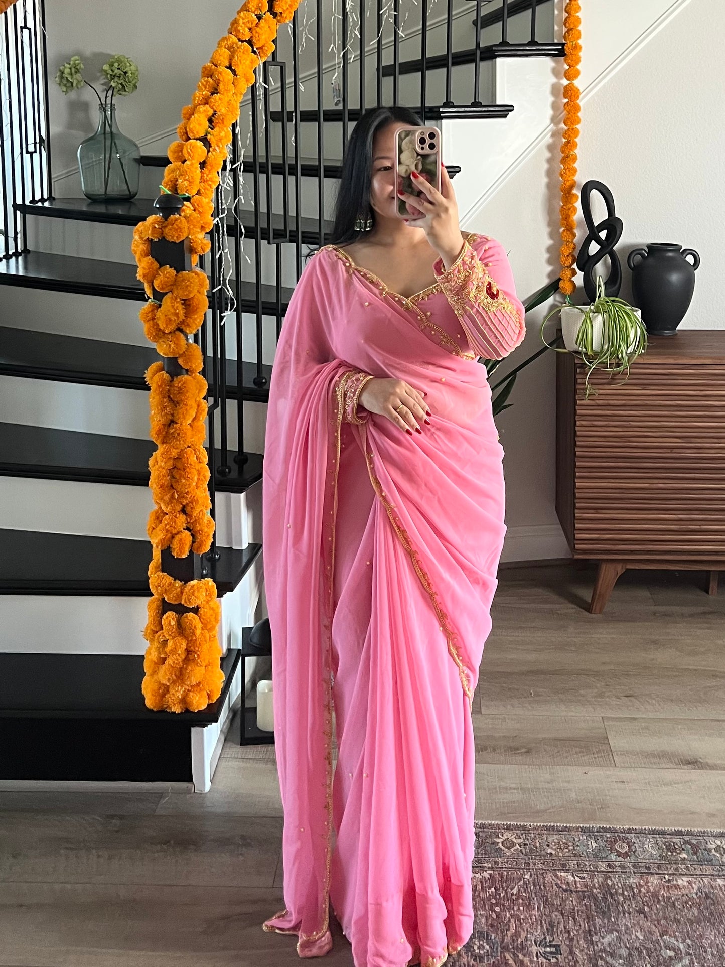 Boutique work pink saree and blouse