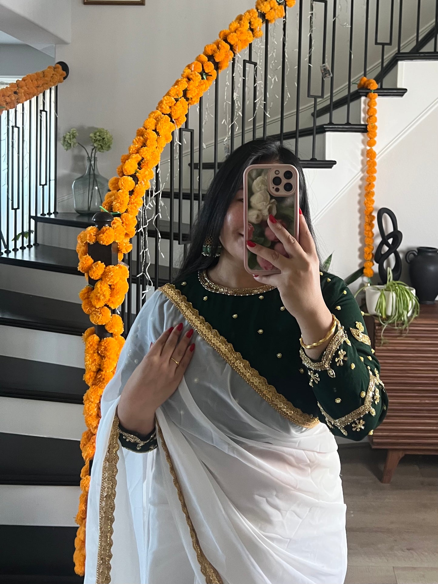 Boutique work white sari with green blouse