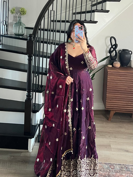 Silk anarkali in wine