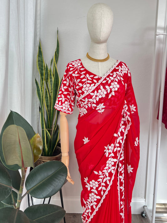 Designer Georgette Saree and Blouse with Intricate White Embroidery