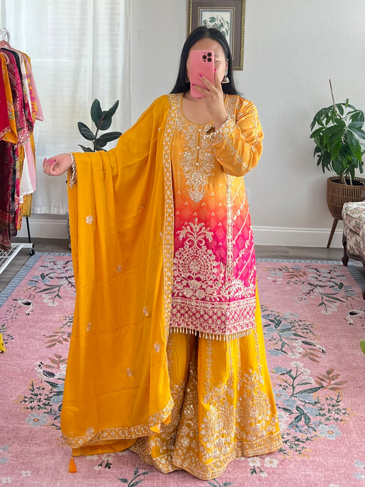 Heavy Chinon Kurtha set with embroidery work