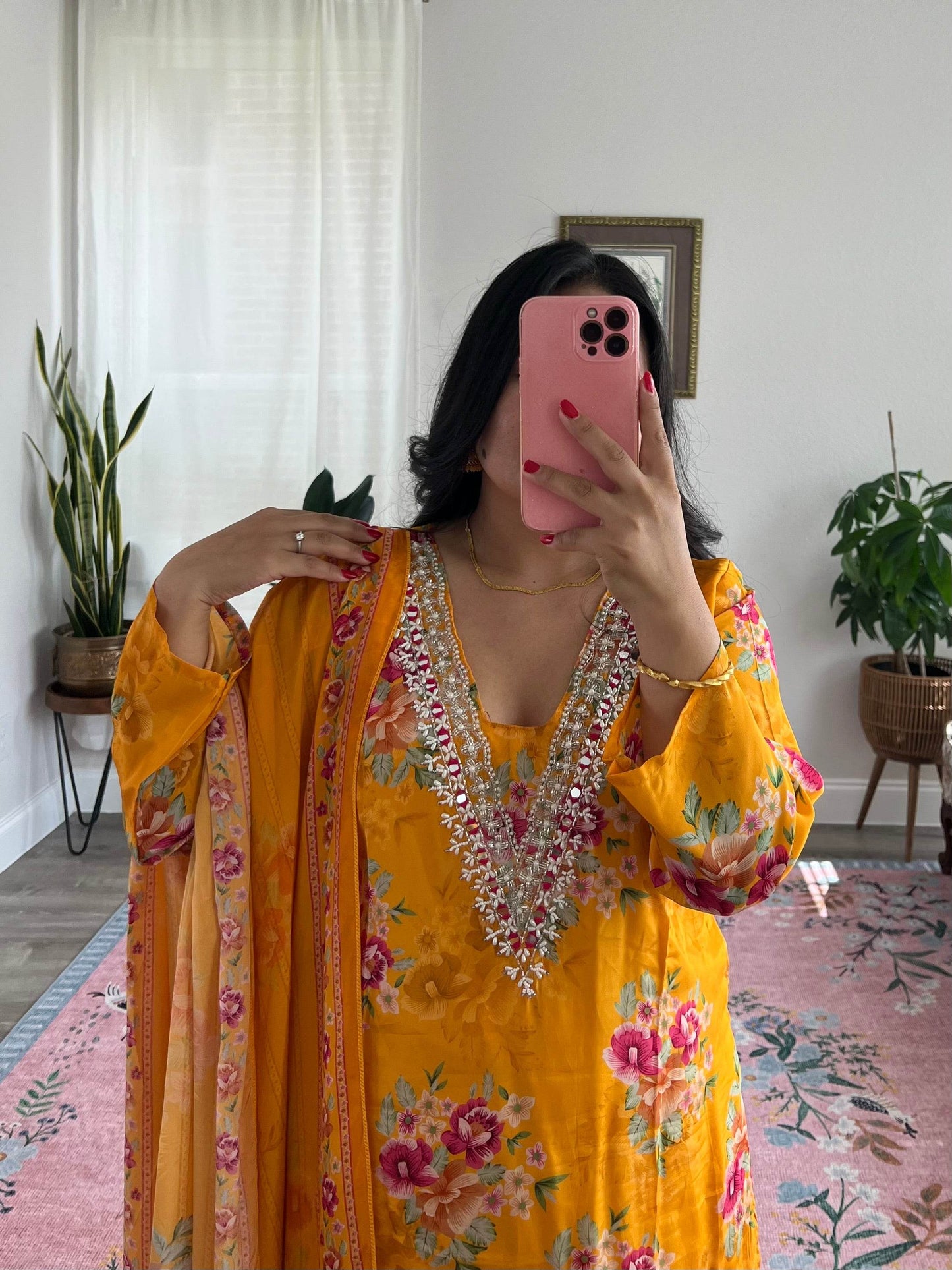 Floral Silk Kurtha Set with Embellished Neckline - Bungma Wares