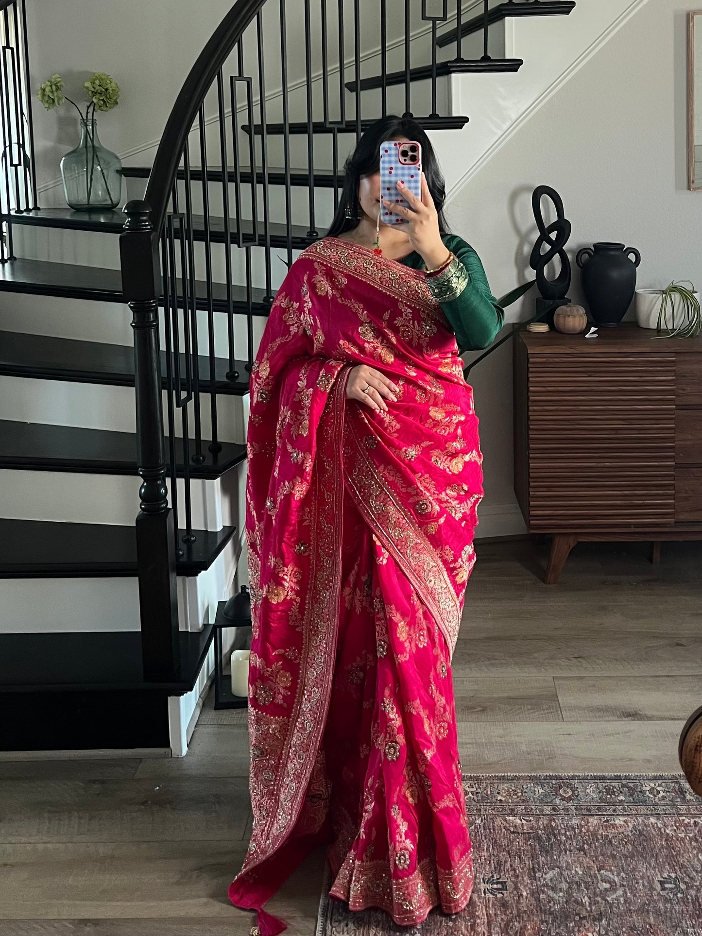Rani pink saree with green blouse