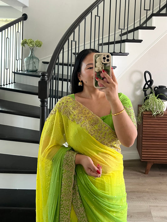 Yellow green handwork saree