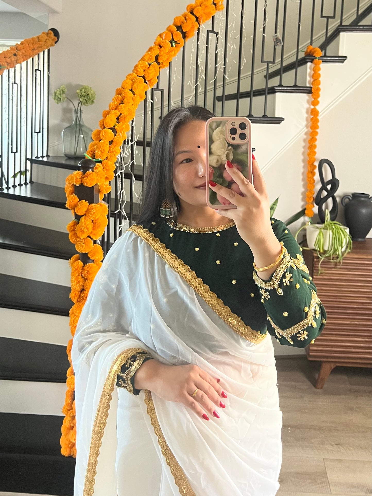 Boutique work white sari with green blouse