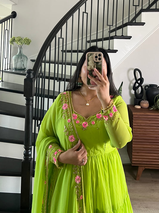 Handwork 4 step gown/anarkali in parrot green