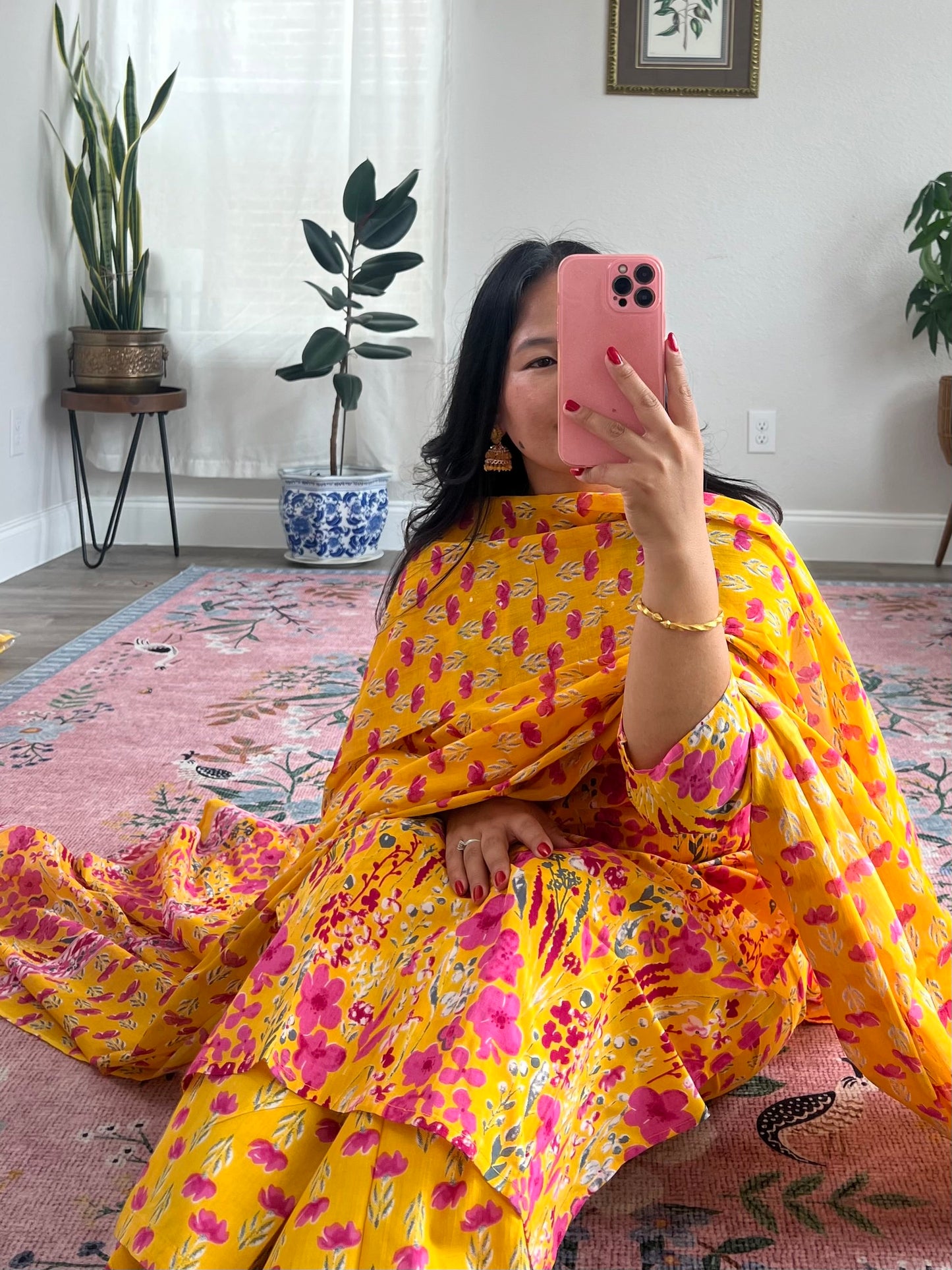 Vibrant yellow floral kurtha set